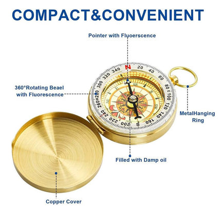 2PCS Copper Compass with Flip Cover and Hook Nightlight Camping Navigation