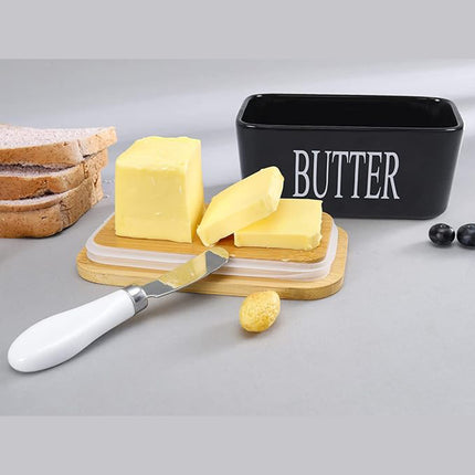 Ceramic Butter Box Basic Model Wooden Lid With Knife Refrigerator Cheese Box