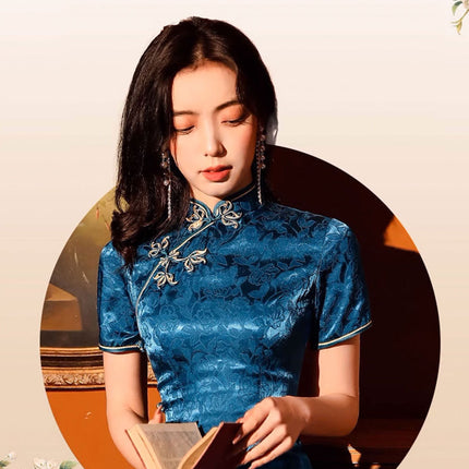 Blue Cheongsam Dress Long Retro Elegant Style Traditional Chinese Qipao Vintage