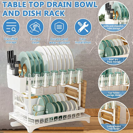 Kitchen Dish Drying Rack 2 Tier Carbon Steel White 42 x 29 x 29cm Tableware