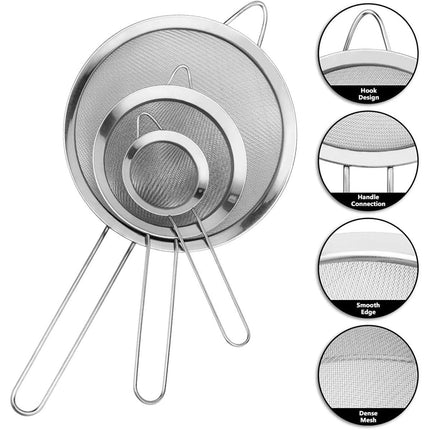 Premium 3pcs Stainless Steel Handheld Flour Sifter Mesh Strainer Funnel Set