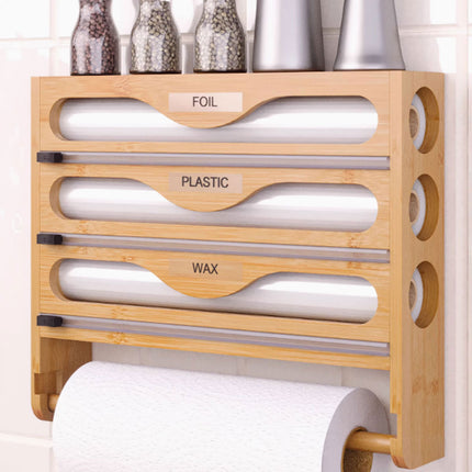 Wall Mounted Plastic Wrap Cutter Bamboo Multi Cell Kitchen Storage Box Organizer