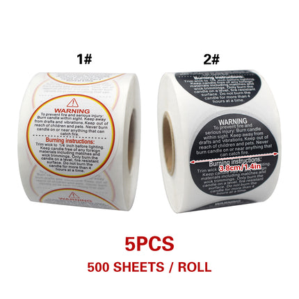 5 Rolls Candle Warning Stickers 38mm Round Labels 2500 Pack Black White