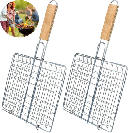 2PCS Iron Barbecue Net Clamp with Wooden Handle Durable for Outdoor Cooking Use