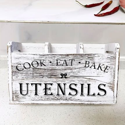 Wooden Rustic Cutlery Organizer Kitchen Utensil Holder Storage Caddy With Handle
