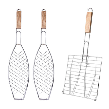 Barbecue Net Clamp Iron Wire Mesh with Wooden Handle for Camping Grill
