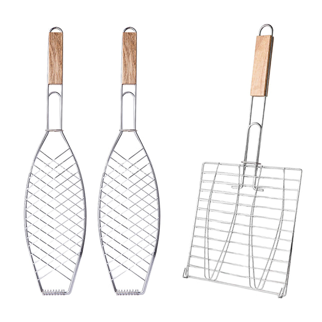 Barbecue Net Clamp Iron Wire Mesh with Wooden Handle for Camping Grill