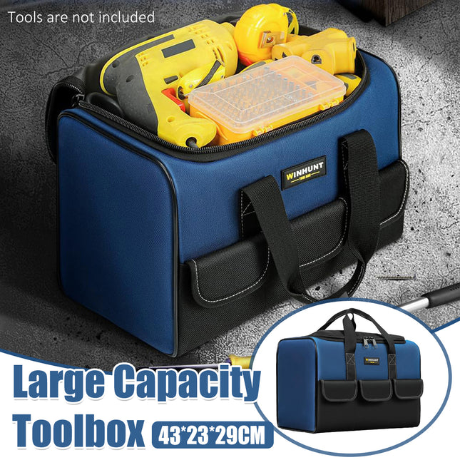 Large capacity Oxford cloth tool bag 43x23x29cm navy blue - hand carry tool storage bag open with tools and pockets visible