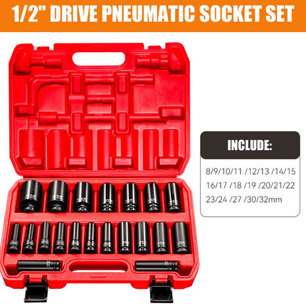 20 Piece Impact Socket Set Half Inch Drive Automotive Repair Workshop Tool Kit