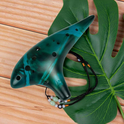 Ocarina Instrument 12 Hole Alto Model Blue Ceramic Flute with Chart for Beginner