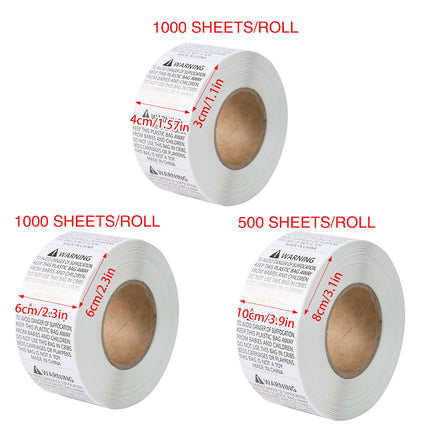 Suffocation Warning Labels Roll 3 Sizes Available Strong Water-Based Adhesive