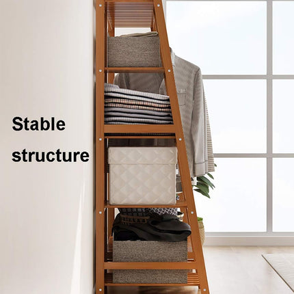 Bamboo Clothes Rack Storage Shelf Hanging Rail Stand With Shelves Hooks