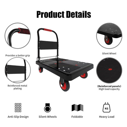 Folding Flatbed Trolley Cart 72x48cm Silent Wheels for Warehouse Home Use