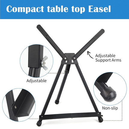 Black Aluminum Tabletop Easel Stand with Adjustable Arms for Art Painting Display