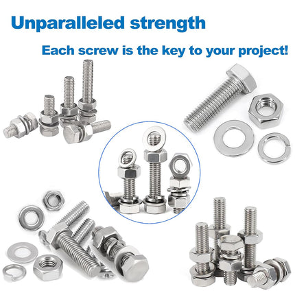 176PCS Stainless Steel Nut Set Silver Hardware Fasteners for Car Home DIY Repair