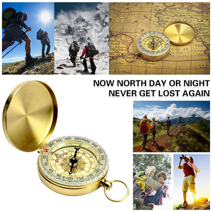 2PCS Copper Compass with Flip Cover and Hook Nightlight Camping Navigation