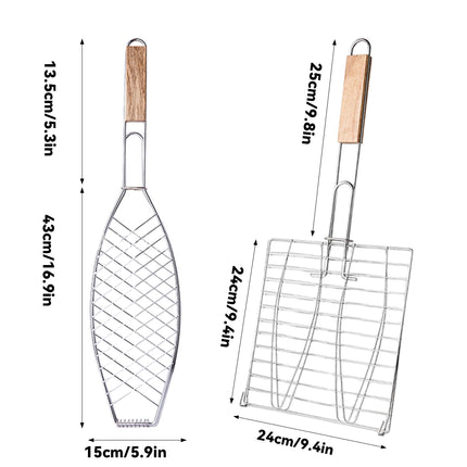 Barbecue Net Clamp Iron Wire Mesh with Wooden Handle for Camping Grill