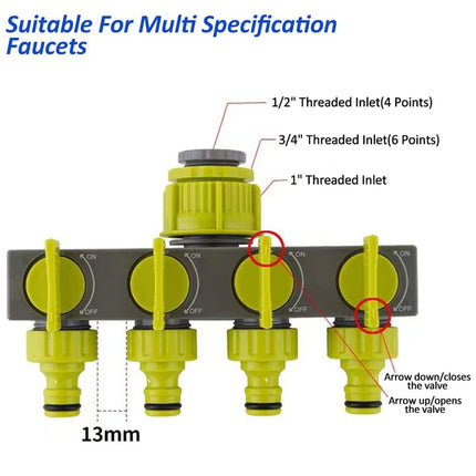 Garden Hose Splitter 4 Way Tap Connector With Valve for Lawn Irrigation System