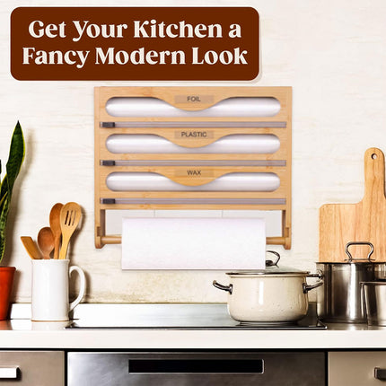 Wall Mounted Plastic Wrap Cutter Bamboo Multi Cell Kitchen Storage Box Organizer