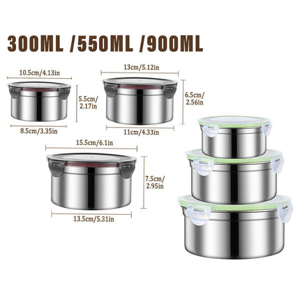 3PCS Stainless Steel Sealed Crisper Storage Box with Lid Round Food Lunch Box