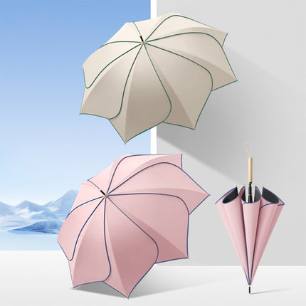 Long Handled Umbrella Petal Shape Dual Use Sun Rain 100cm Steel Wooden Handle
