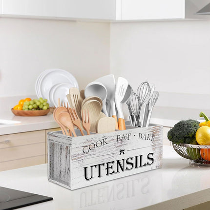 Wooden Rustic Cutlery Organizer Kitchen Utensil Holder Storage Caddy With Handle