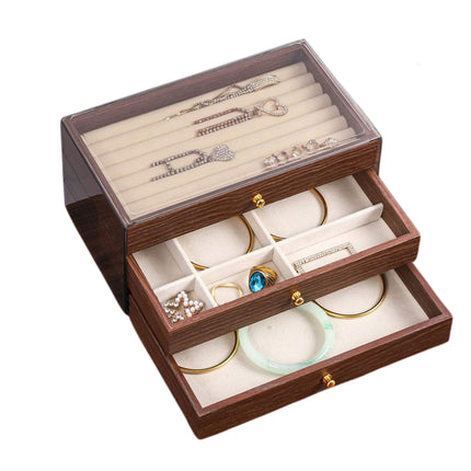 Multi Layer Wooden Jewelry Box Walnut Grain with Compartments Drawers Display