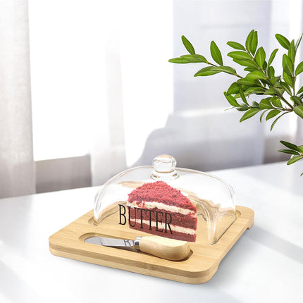 Butter Dish Glass Lid Cheese Cake Dessert Box Storage Container Kitchen Table