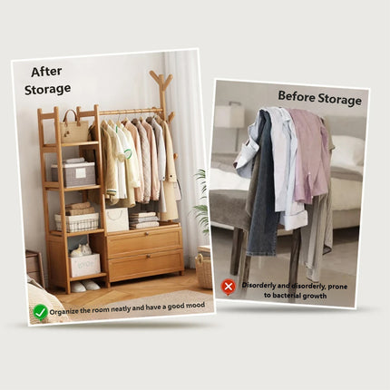 Bamboo Floor-Standing Coat Rack Indoor with Storage Drawer Space Saving Stable