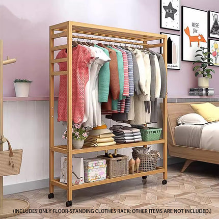Bamboo Floor-Standing Clothes Rack with Wheels Large Capacity Bedroom Entryway