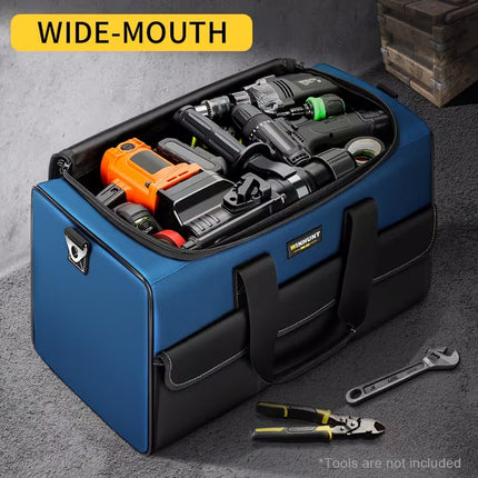 Wide-mouth opening Oxford cloth tool bag filled with power tools - large capacity storage for electricians and tradies