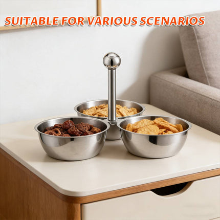Stainless Steel 3 Bowl Snack Serving Tray Handle