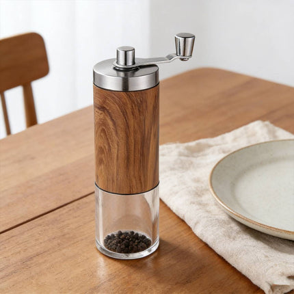 Manual Hand Crank Coffee Grinder Adjustable Burr Mill Wood Grain Portable
