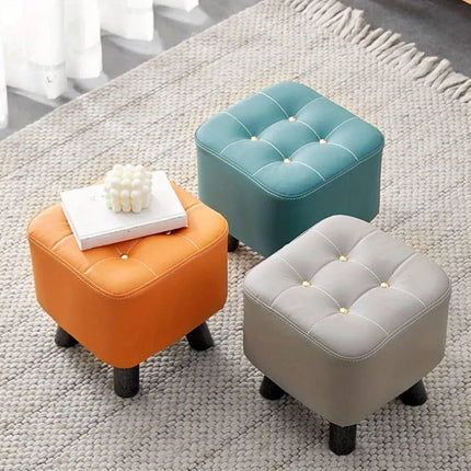 Small Upholstered Stool Square Ottoman Wood Legs Waterproof Leather Footrest