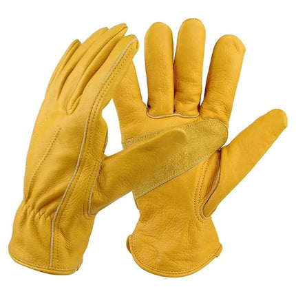 Golden Yellow Cowhide Work Gloves Full Finger Gardening DIY Home Maintenance Use