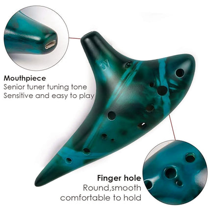 Ocarina Instrument 12 Hole Alto Model Blue Ceramic Flute with Chart for Beginner