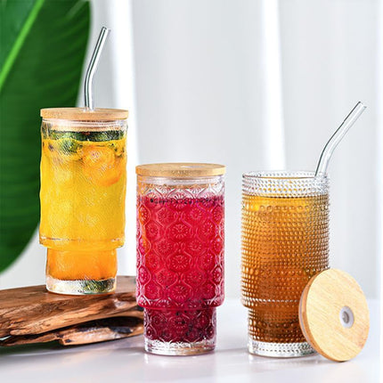 4PCS 11OZ Juice Cup with Lid and Straw Creative Glass Drink Cup for Home Office
