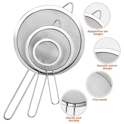 Premium 3pcs Stainless Steel Handheld Flour Sifter Mesh Strainer Funnel Set
