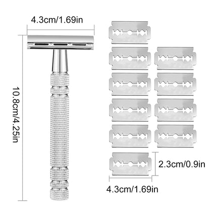 Double Edge Safety Razor Aluminium Zinc Silver 10 Blades 4.3 x 10.8cm