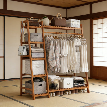 Bamboo Clothes Rack Storage Shelf Hanging Rail Stand With Shelves Hooks