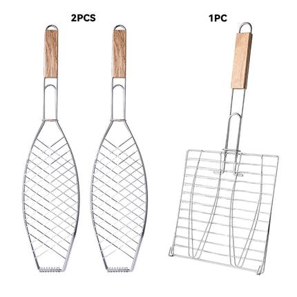 Barbecue Net Clamp Iron Wire Mesh with Wooden Handle for Camping Grill