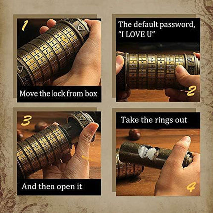 Da Vinci Code Lock Cylinder Vintage Puzzle Box Secret Compartment Bronze Style