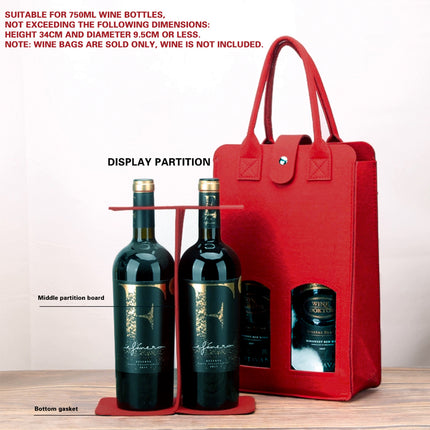 Wine Gift Bag Felt Double Bottle Clear Window Snap Closure Handle Carrier