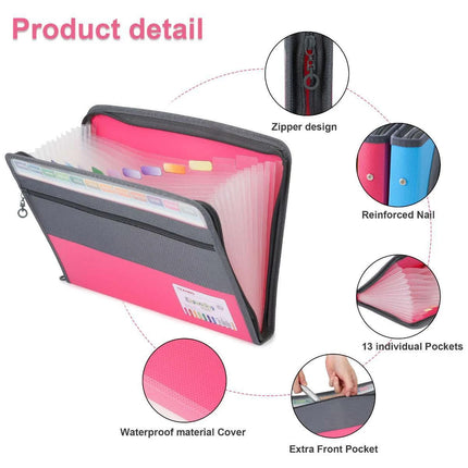 Double Zipper 13 Pocket Accordion File Folder Waterproof Durable for Documents