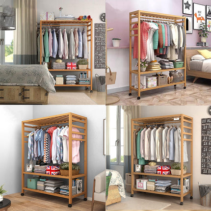 Bamboo Floor-Standing Clothes Rack with Wheels Large Capacity Bedroom Entryway