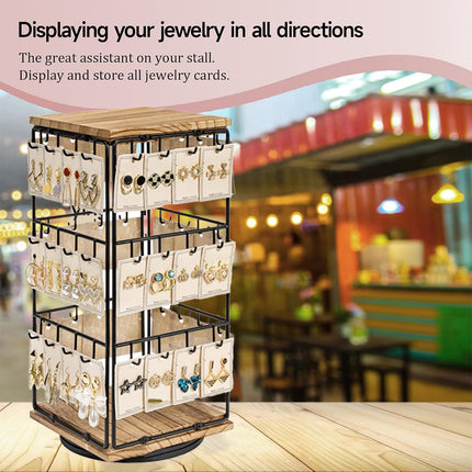 360 Rotation Earring Display Stand Wood Iron Holds 48 Pairs Jewelry Organizer