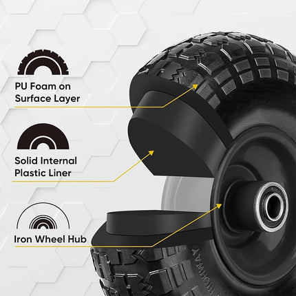 2PCS Heavy Duty PU Foam Tires 4.10/3.50-4 Flat Free Wheels For Tool Cart Wagon