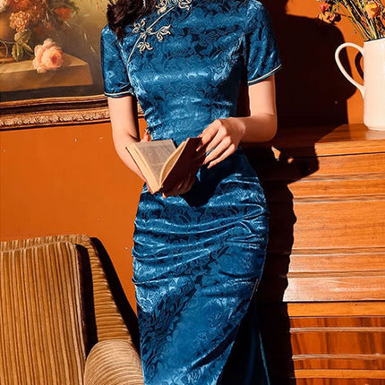 Blue Cheongsam Dress Long Retro Elegant Style Traditional Chinese Qipao Vintage