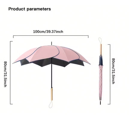Long Handled Umbrella Petal Shape Dual Use Sun Rain 100cm Steel Wooden Handle