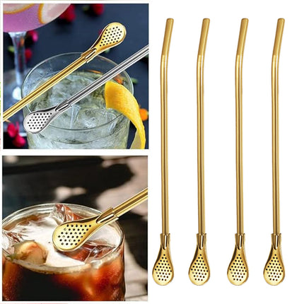 5pcs Stainless Steel Straw Spoon Removable Filter Reusable Tea Juice Stirrer
